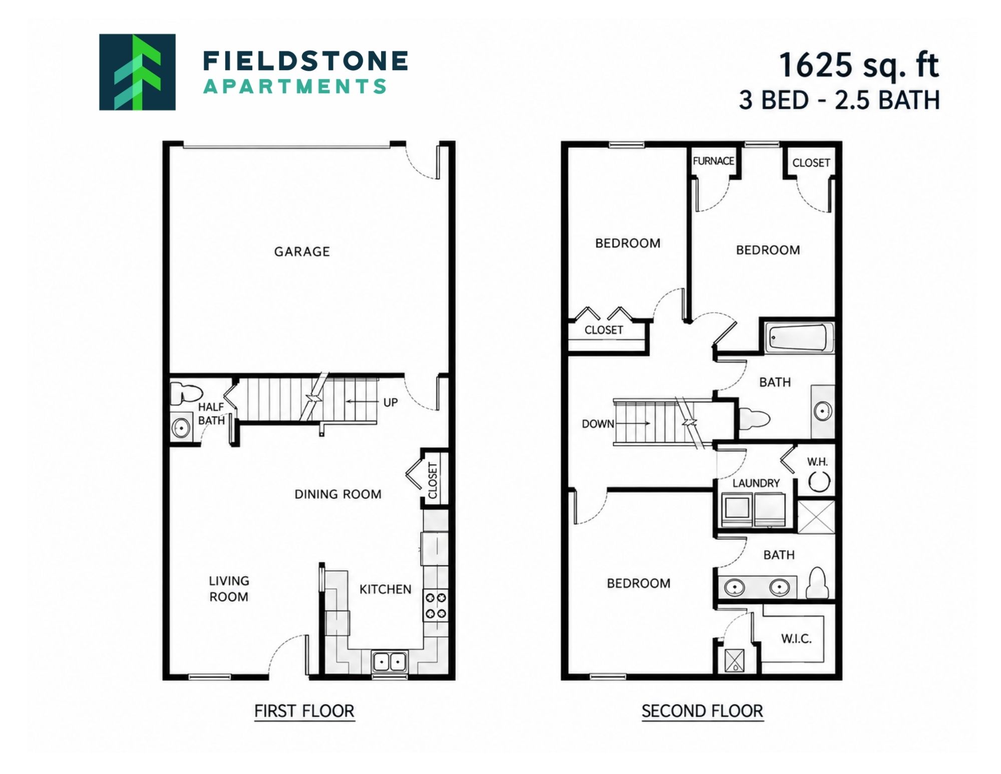 Floor plan for 3 beds, 2.5 baths, 1625 sqft